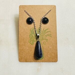 Purple Goldstone Crystal Teardrop Necklace & Stud Earrings Set (Stainless Steel)